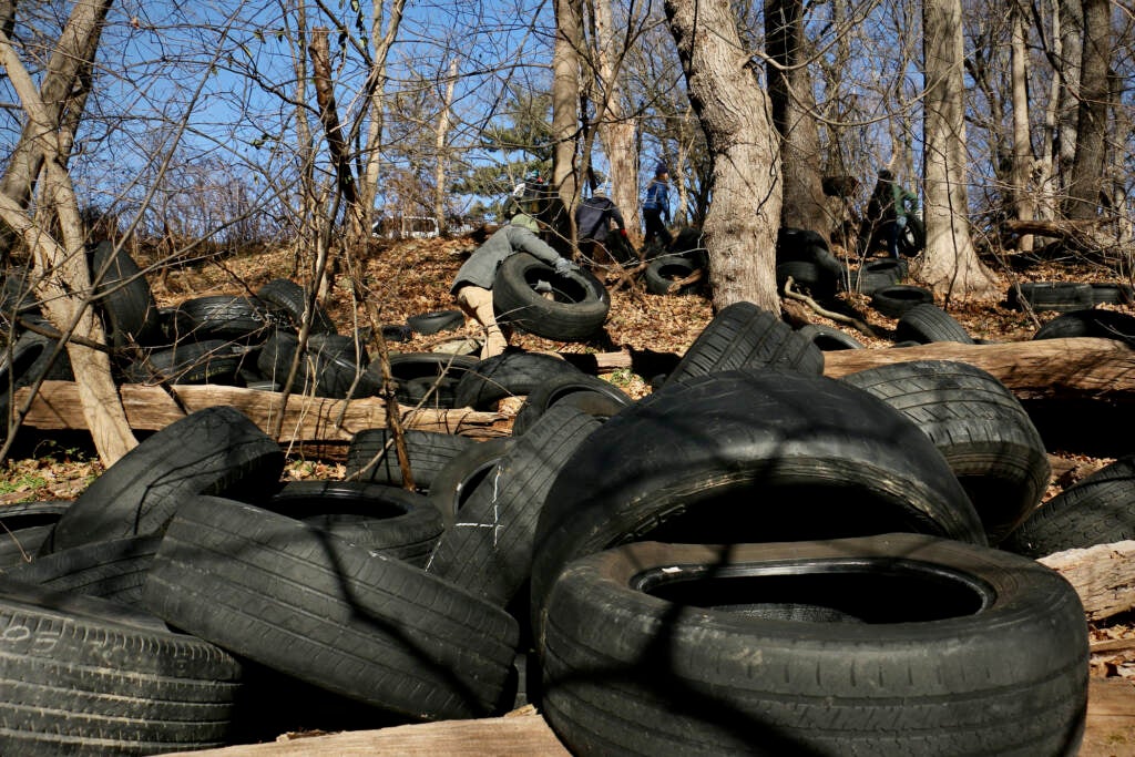 Hundreds of tires are seen near Tacony Creek Park