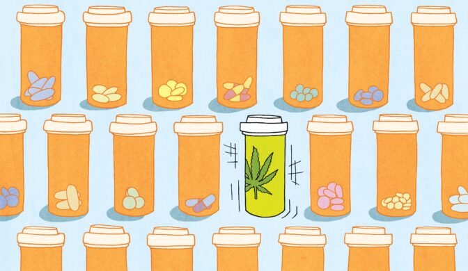 a cartoon of multiple lines of generic pill containers, with one colored green with a marijuana leaf on the label