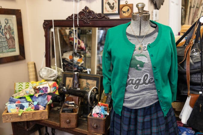 A complete Eagles fan look at NRS Boutique in South Philadelphia. (Kimberly Paynter/WHYY)