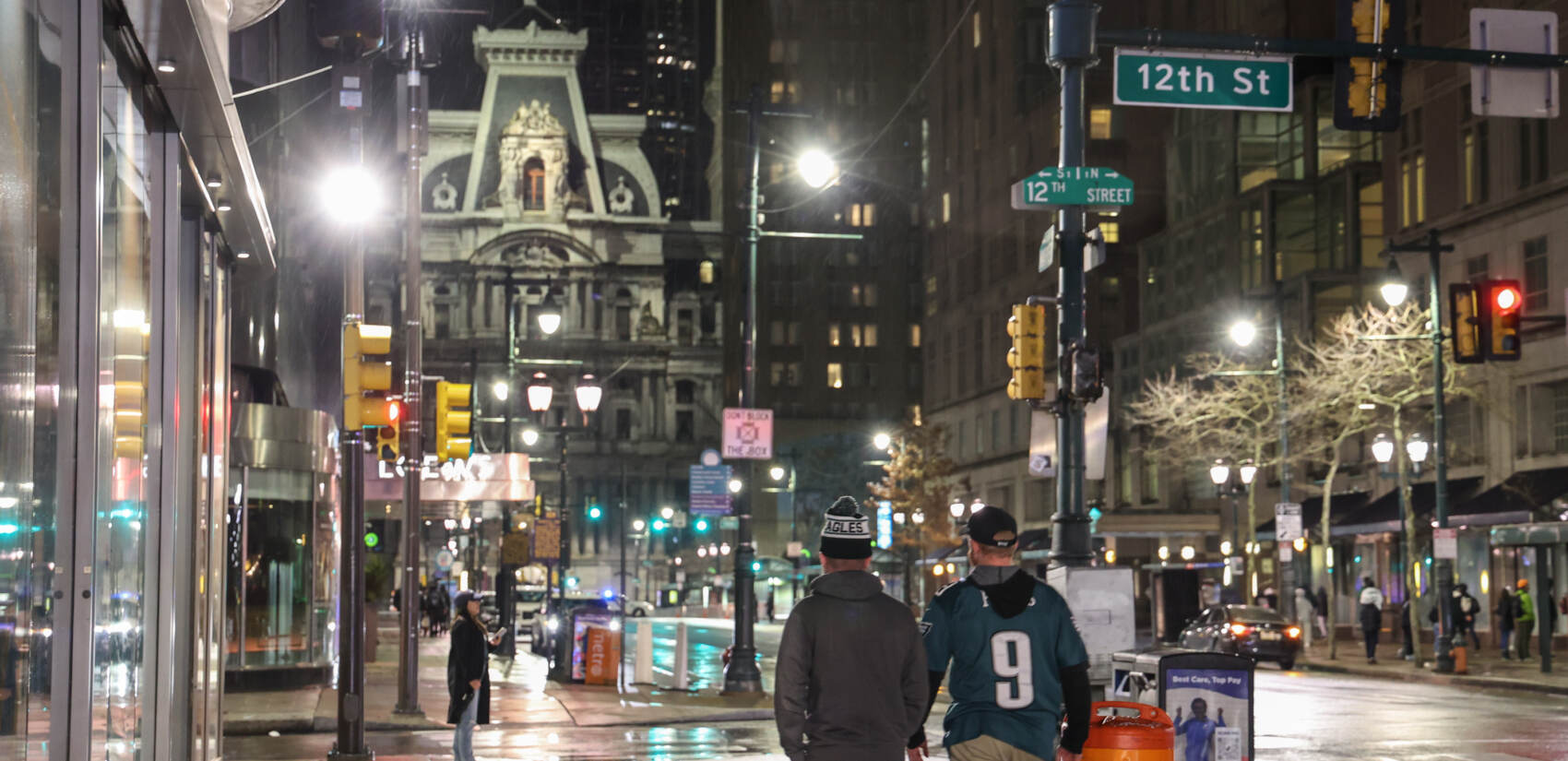 Eagles fans leave bars in Center City, Philadelphia, after Super Bowl LVII Philadelphia. The Kansas City Chiefs beat the birds 38-35, on February 12, 2023. (Kimberly Paynter/WHYY)