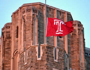 A flag bearing Temple University's logo flies at half-staff.