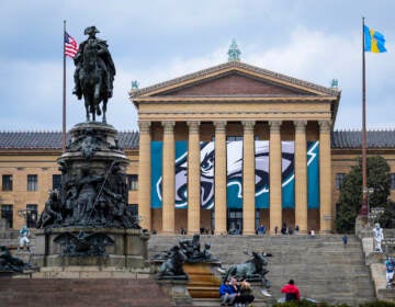 The Art Museum with a massive Eagles banner behind the pillars