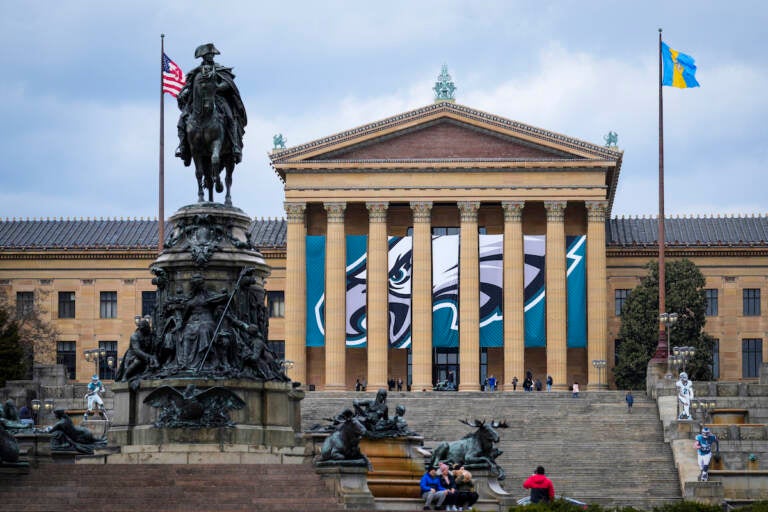 The Art Museum with a massive Eagles banner behind the pillars