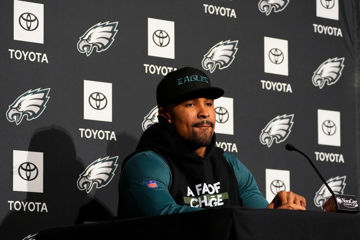 Philadelphia Eagles' Jalen Hurts pauses during a news conference at the NFL football team's training facility, Thursday, Feb. 2, 2023, in Philadelphia