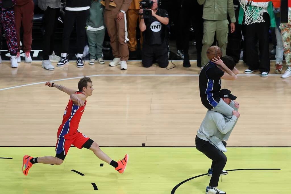 Mac McClung of the Philadelphia 76ers shoots during the slam dunk competition of the NBA basketball All-Star weekend Saturday