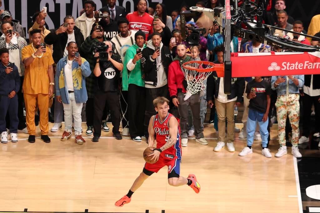Mac McClung of the Philadelphia 76ers shoots during the slam dunk competition of the NBA basketball All-Star weekend Saturday