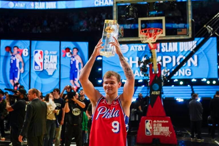 Mac McClung of the Philadelphia 76ers reacts after winning the slam dunk competition of the NBA basketball All-Star weekend