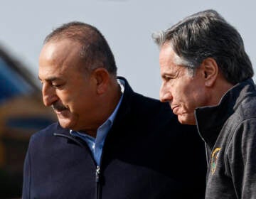 U.S. Secretary of State Antony Blinken is greeted by Turkish Foreign Minister Mevlut Cavusoglu, at Incirlik Air Base near Adana, Turkey