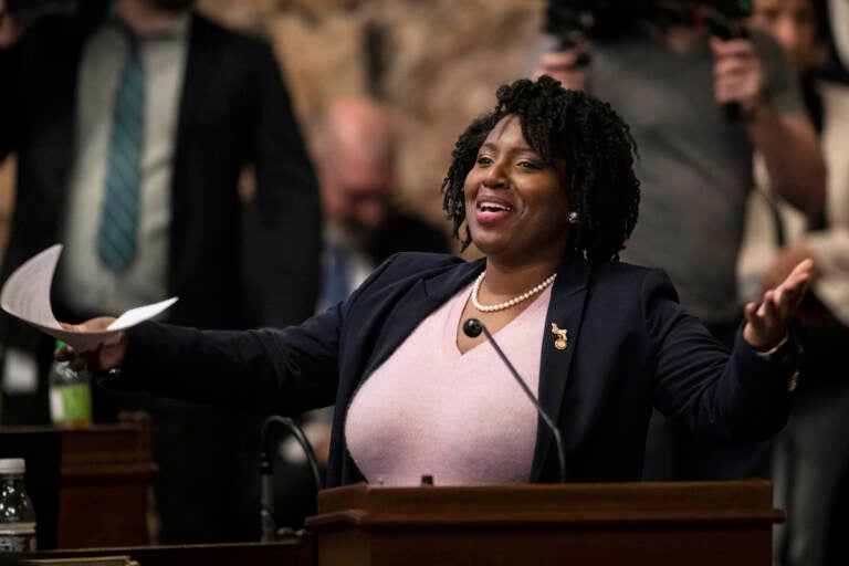 Pennsylvania House Majority Leader Joanna McClinton, D-Philadelphia, speaks on the Pennsylvania House floor, Tuesday, Feb. 21, 2023 at the Pennsylvania Capitol in Harrisburg