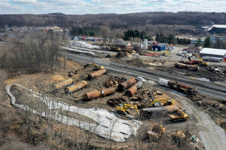 A view of the scene Friday, Feb. 24, 2023, as the cleanup continues at the site of of a Norfolk Southern freight train derailment that happened on Feb. 3 in East Palestine, Ohio