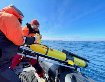 Graduate student Rike Benz (left) and associate professor Carlos Moffat (right) prepare to deploy an ocean glider off the coast of the west Antarctic Peninsula. (Courtesy of Nicole Waite)