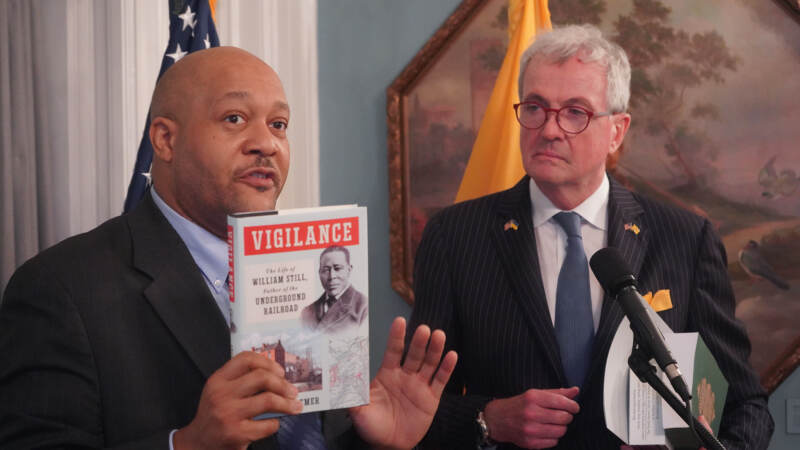 Sam Still III speaks at the program. He's a descendant of Burlington County's James Still. One of the first Black doctors in N.J. and an organizer of the Underground Railroad. (Tennyson Donyéa/WHYY)