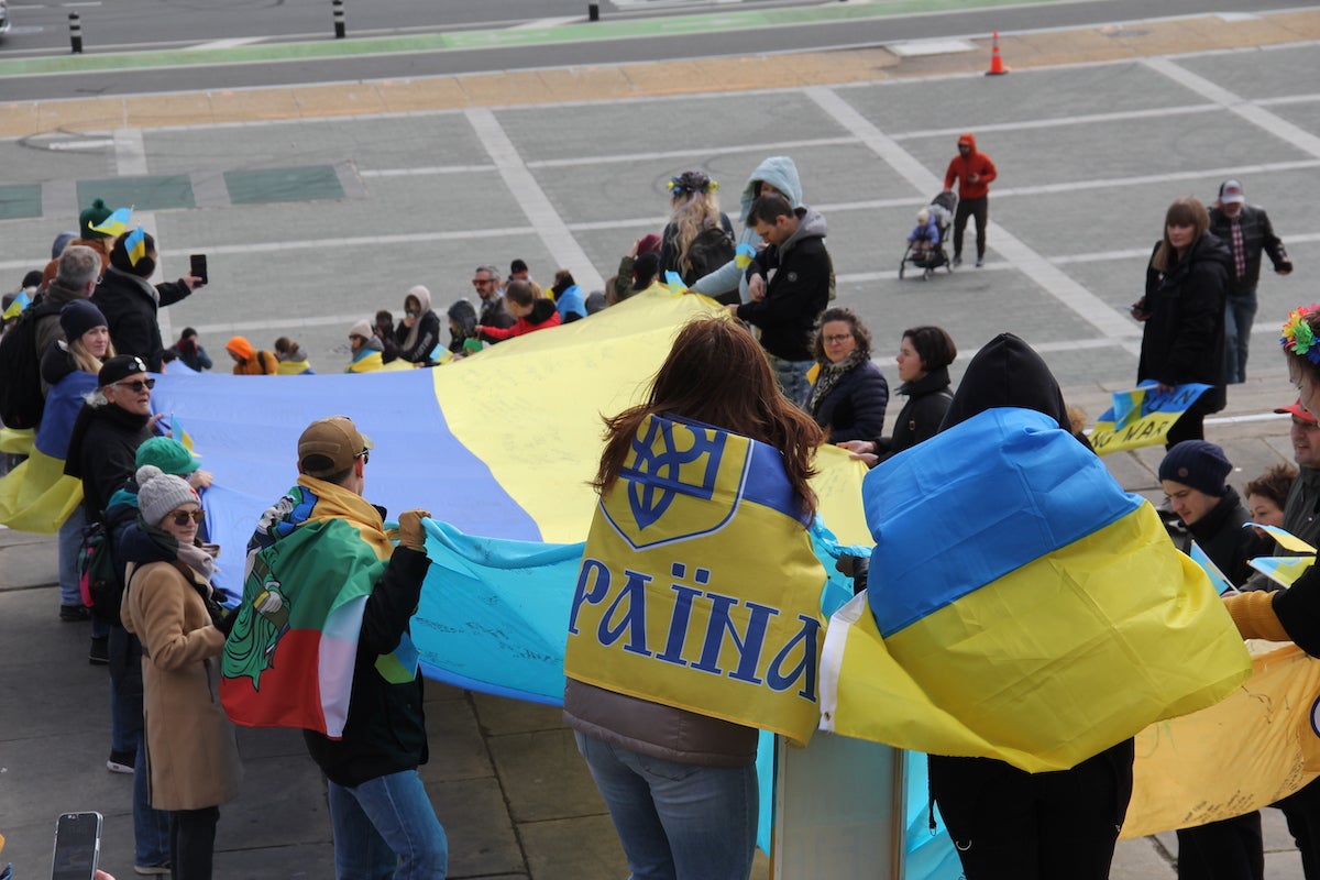 A Ukrainian flag measuring more than 60 meters was unveiled at the steps of the Philadelphia Museum of Art and was shown throughout Center City