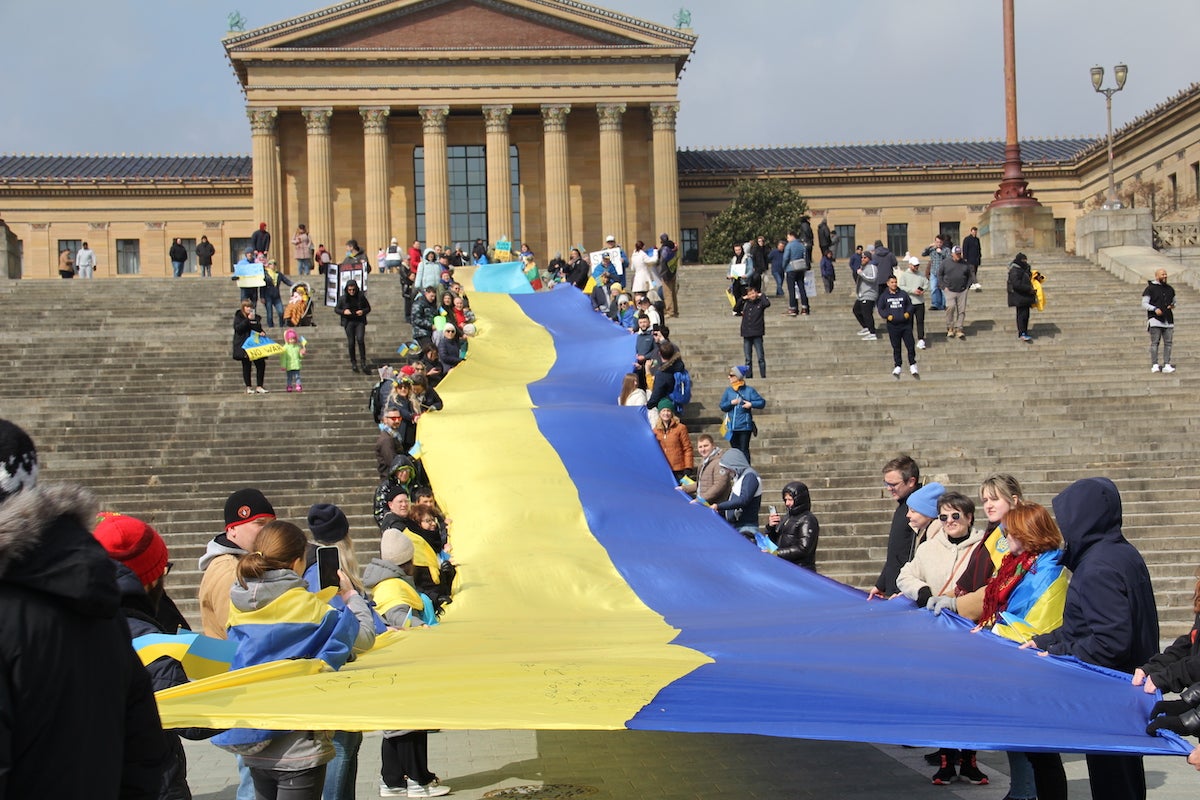 A Ukrainian flag measuring more than 60 meters was unveiled at the steps of the Philadelphia Museum of Art and was shown throughout Center City