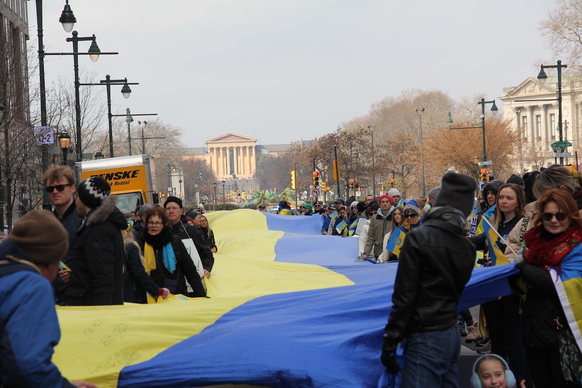 A Ukrainian flag measuring more than 60 meters was unveiled at the steps of the Philadelphia Museum of Art and was shown throughout Center City