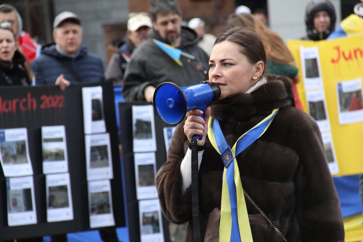 Iryna Mazur, the Honorary Consul To Ukraine in Philadelphia, addressed the hundreds of marchers at Independence Hall