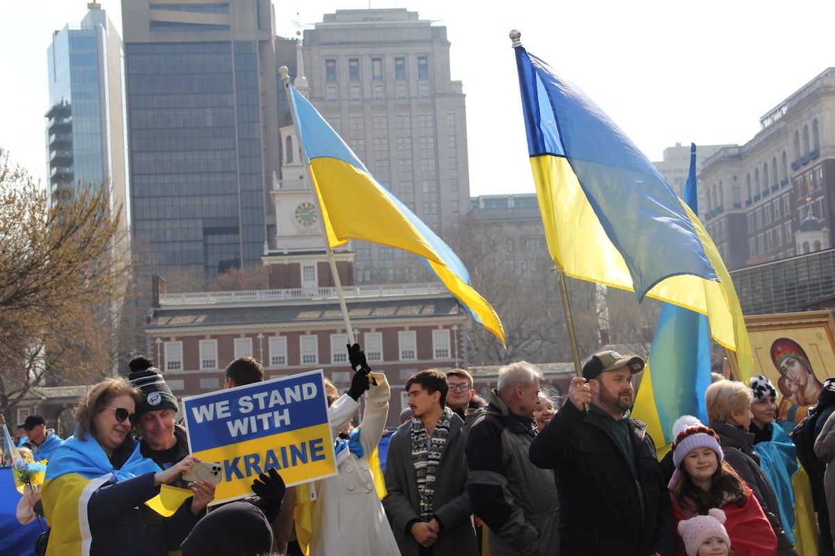 Hundreds of Ukrainian supporters marched throughout Center City on Sunday, ending up at Independence Hall