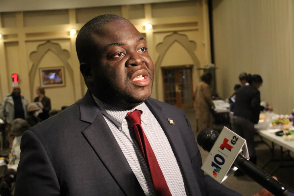 District 9 Councilmember Anthony Phillips addressed the media before Monday's community meeting at the Masjidullah Center for Human Excellence in West Oak Lane