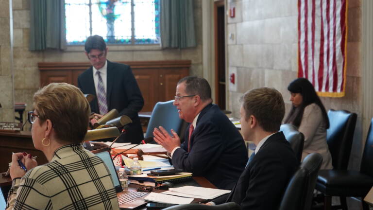 Sen. Brian Stack (D-Hudson) speaks on a bill that would increase penalties for fentanyl-related crimes in New Jersey. (Tennyson Donyéa/WHYY)