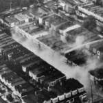 An aerial view of Osage Avenue after the city bombed the MOVE compound in 1985 (Philadelphia Evening Bulletin via Temple University archives)