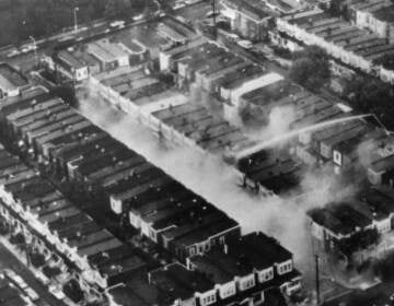 An aerial view of Osage Avenue after the city bombed the MOVE compound in 1985 (Philadelphia Evening Bulletin via Temple University archives)