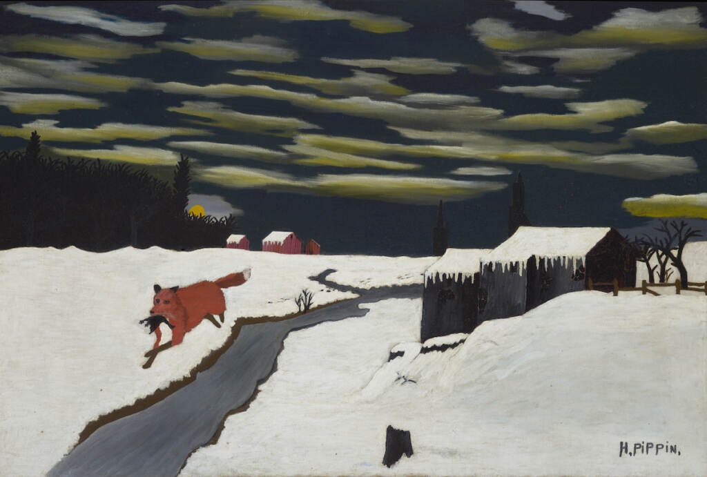 A painting of a fox running through a snowy landscape.