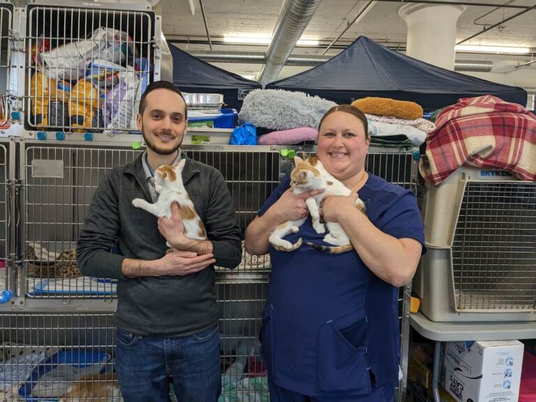 Chase Miller (left) and Kim Hartzel hold up kittens at an animal shelter