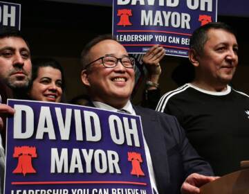 Philadelphia City Councilmember David Oh announces his candidacy for mayor at the National Constitution Center. (Emma Lee/WHYY)