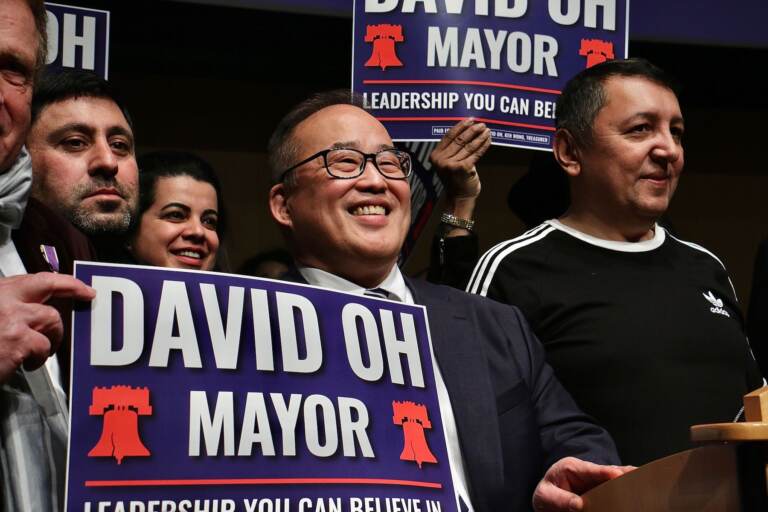 Philadelphia City Councilmember David Oh announces his candidacy for mayor at the National Constitution Center. (Emma Lee/WHYY)