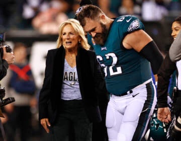 First lady Jill Biden talks with Philadelphia Eagles center Jason Kelce