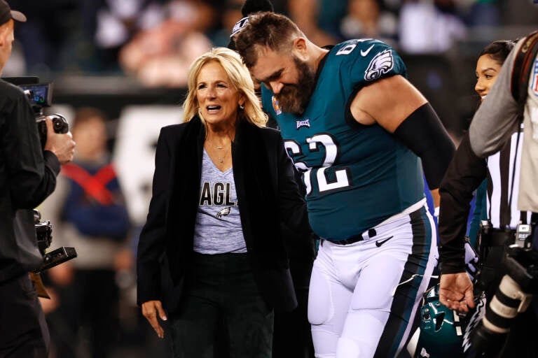 First lady Jill Biden talks with Philadelphia Eagles center Jason Kelce