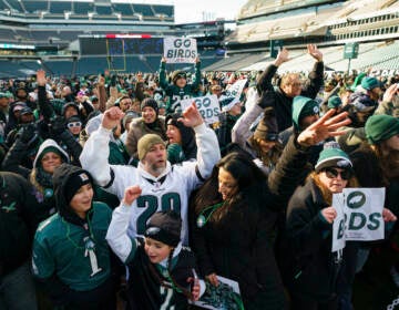 Philadelphia Eagles fans cheer during the Eagles Send Off Party for Super Bowl LVII
