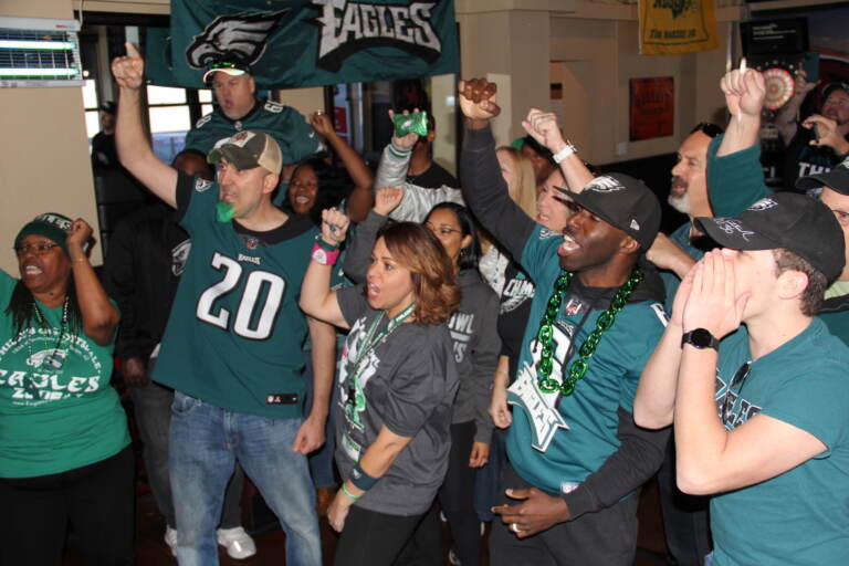 Members of Eagles Zone AZ packed Philly's Sports Grill in Tempe, Az. on Feb. 10, 2023 ahead of Super Bowl LVII on Sunday. (Cory Sharber/WHYY)