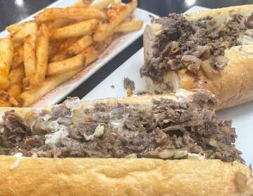 A close-up of a cheesesteak.