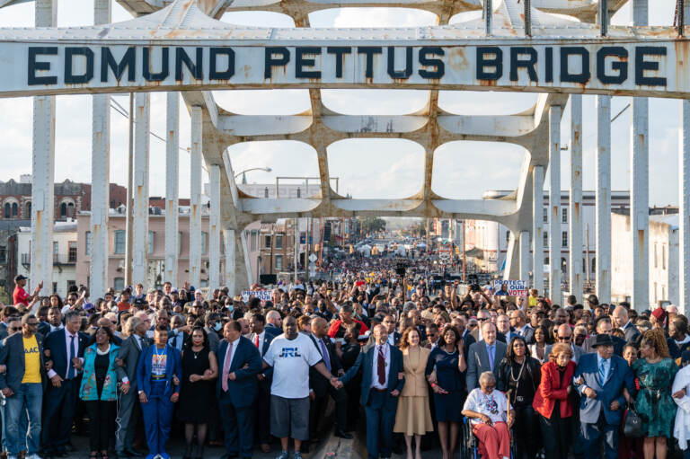 Vice President Harris (center) marches across the Edmund Pettus Bridge on March 6, 2022, in Selma, Ala., to commemorate the 57th anniversary of Bloody Sunday. (Elijah Nouvelage/AFP via Getty Images)