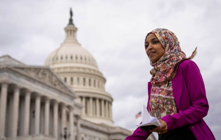 Rep. Ilhan Omar in front of the Capitol building in Washington, D.C.