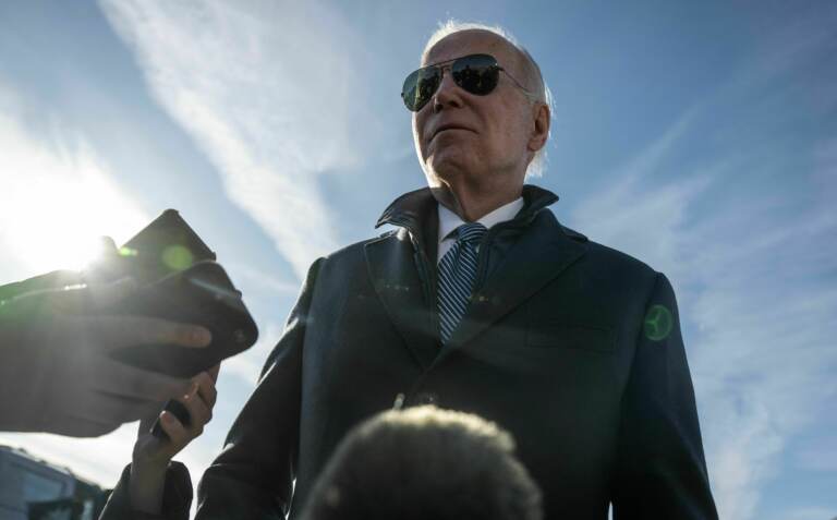 President Biden speaks to reporters after arriving in Hagerstown, Md., on Saturday. He congratulated the aviators who took down the Chinese balloon.