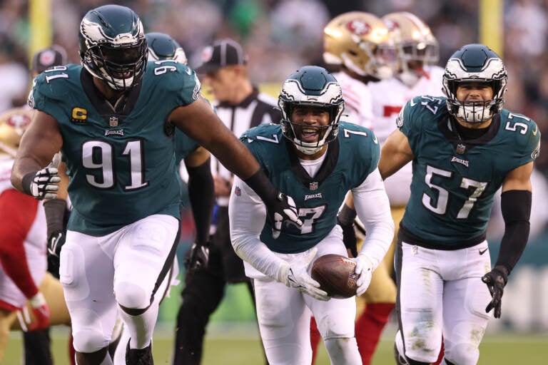 The Philadelphia Eagles' Haason Reddick, #7, celebrates after recovering a fumble in the NFC title game.