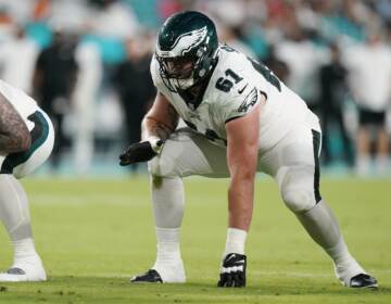 Eagles guard Josh Sills, shown here in an August 2022 preseason game, has been indicted on rape and kidnapping charges. (AP Photo/Wilfredo Lee)