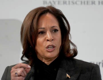 A close-up of Vice President Harris, speaking.