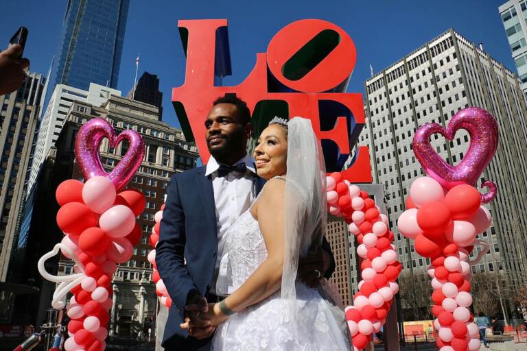 File photo: Arthur and Angie Long get married in Love Park on Valentine’s Day. (Emma Lee/WHYY)