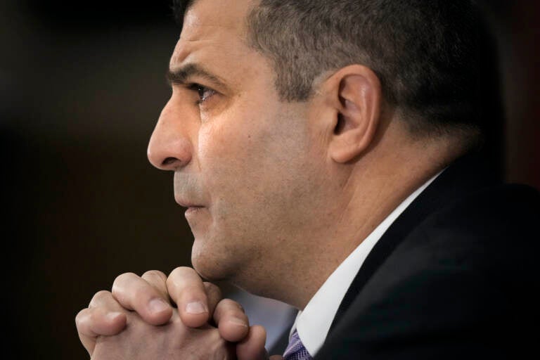 Pennsylvania House Speaker Mark Rozzi, a Berks County Democrat, listens to public comment during a field hearing in Philadelphia, Friday, Jan. 27, 2023. (AP Photo/Matt Rourke)