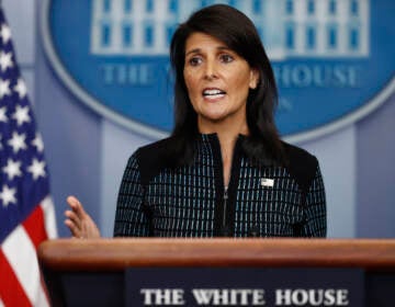 Nikki Haley speaks during a news briefing at the White House