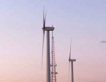 Wind turbines at sunset