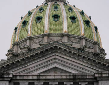 A close-up of the green dome of the Pa. State Capitol.