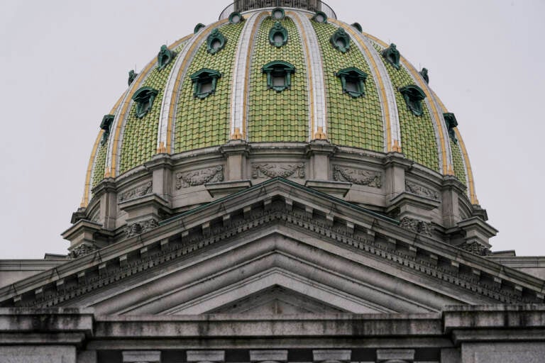 A close-up of the green dome of the Pa. State Capitol.