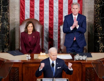 Vice President Kamala Harris and Speaker of the House Kevin McCarthy of Calif., listen as President Joe Biden delivers his State of the Union address to a joint session of Congress at the Capitol
