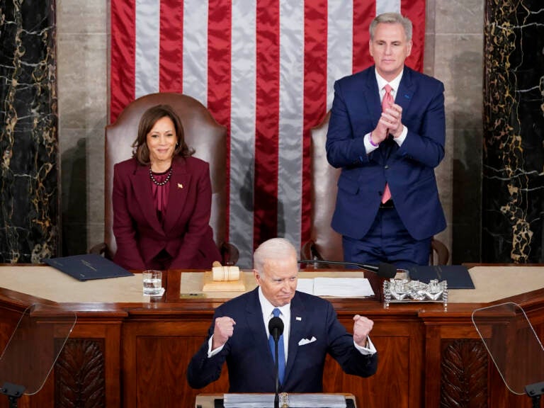 Vice President Kamala Harris and Speaker of the House Kevin McCarthy of Calif., listen as President Joe Biden delivers his State of the Union address to a joint session of Congress at the Capitol