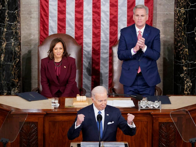 State of the Union Vice President Kamala Harris and Speaker of the House Kevin McCarthy of Calif., listen as President Joe Biden delivers his State of the Union address to a joint session of Congress at the Capitol