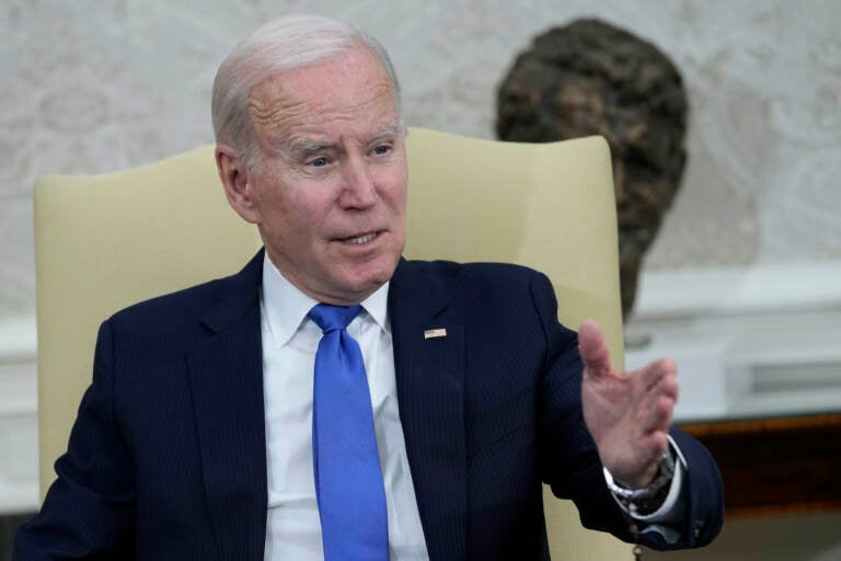 President Joe Biden meets with members of the Congressional Black Caucus in the Oval Office of the White House in Washington, Thursday, Feb. 2, 2023. Biden hasn’t announced a reelection campaign, but some of the themes of his likely bid should be on display when he addresses a national Democratic Party meeting.  (AP Photo/Susan Walsh)